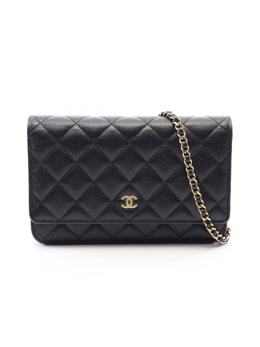 Chanel Shoulder Bag Quilted Black Caviar Leather Chain Wallet